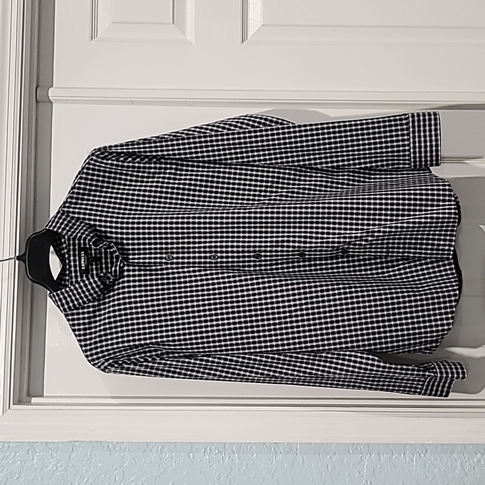 NWT Express Mens Blk/Wht L/S Geo Plaid Sretch Performance Btn Down Shirt Size:XL